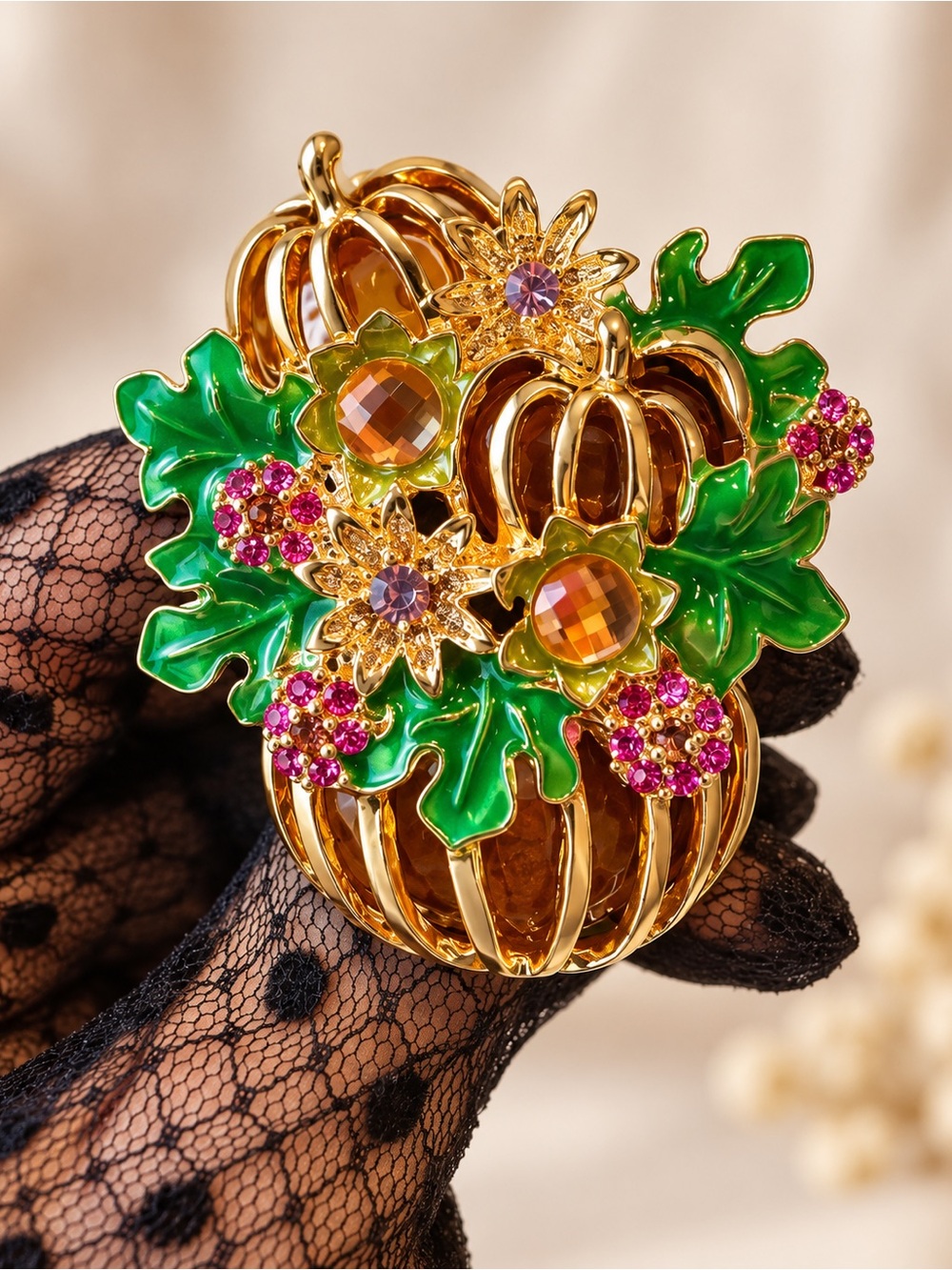 Orange Pumpkin Floral Brooch with Green Enamel Leaves